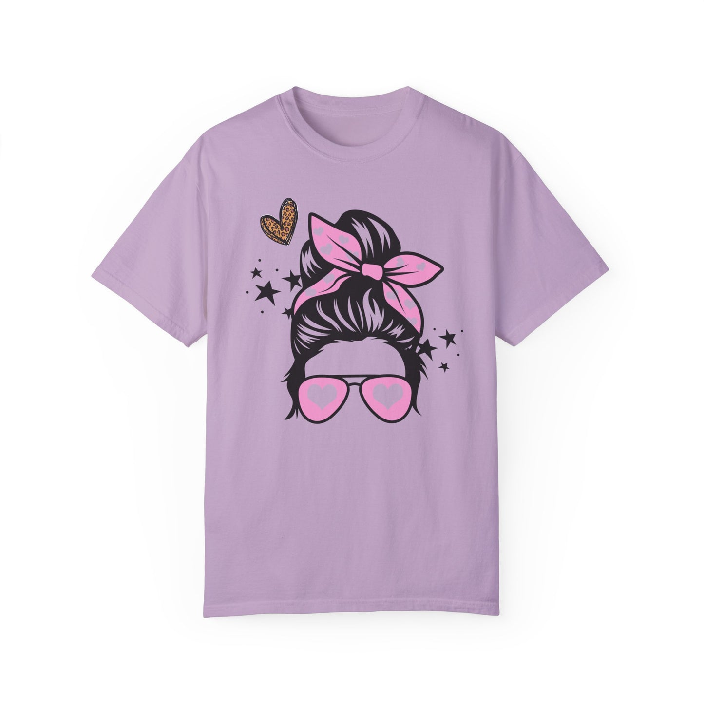 Girl With Bun Valentine's T-Shirt Messy Hair Don't Care Girl with Sunglasses Hearts Leopard Print Valentine's Day Gift Best Friend Gift Shirt