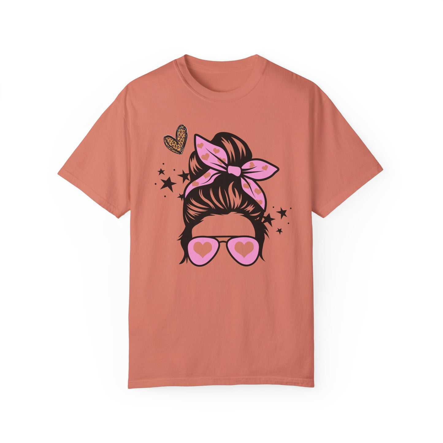 Girl With Bun Valentine's T-Shirt Messy Hair Don't Care Girl with Sunglasses Hearts Leopard Print Valentine's Day Gift Best Friend Gift Shirt