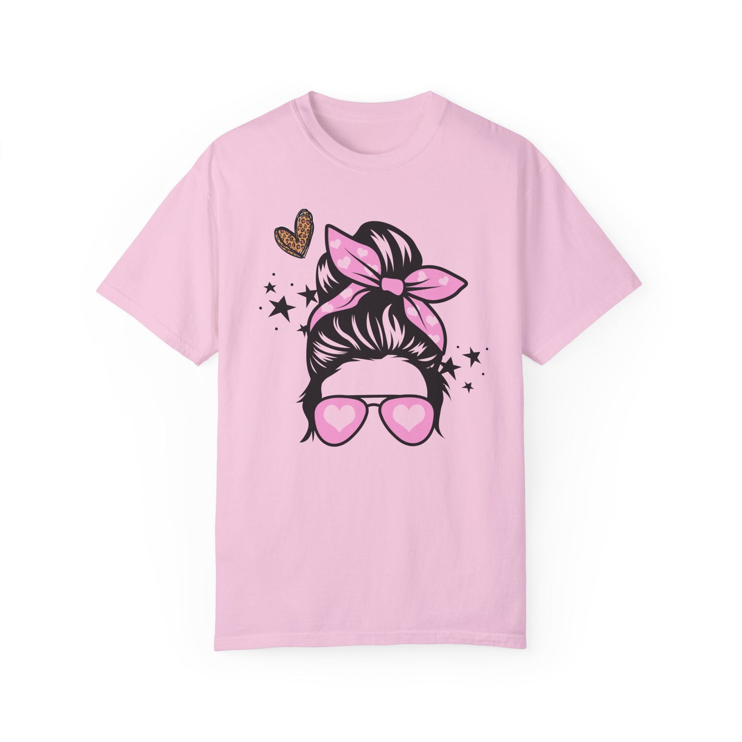 Girl With Bun Valentine's T-Shirt Messy Hair Don't Care Girl with Sunglasses Hearts Leopard Print Valentine's Day Gift Best Friend Gift Shirt