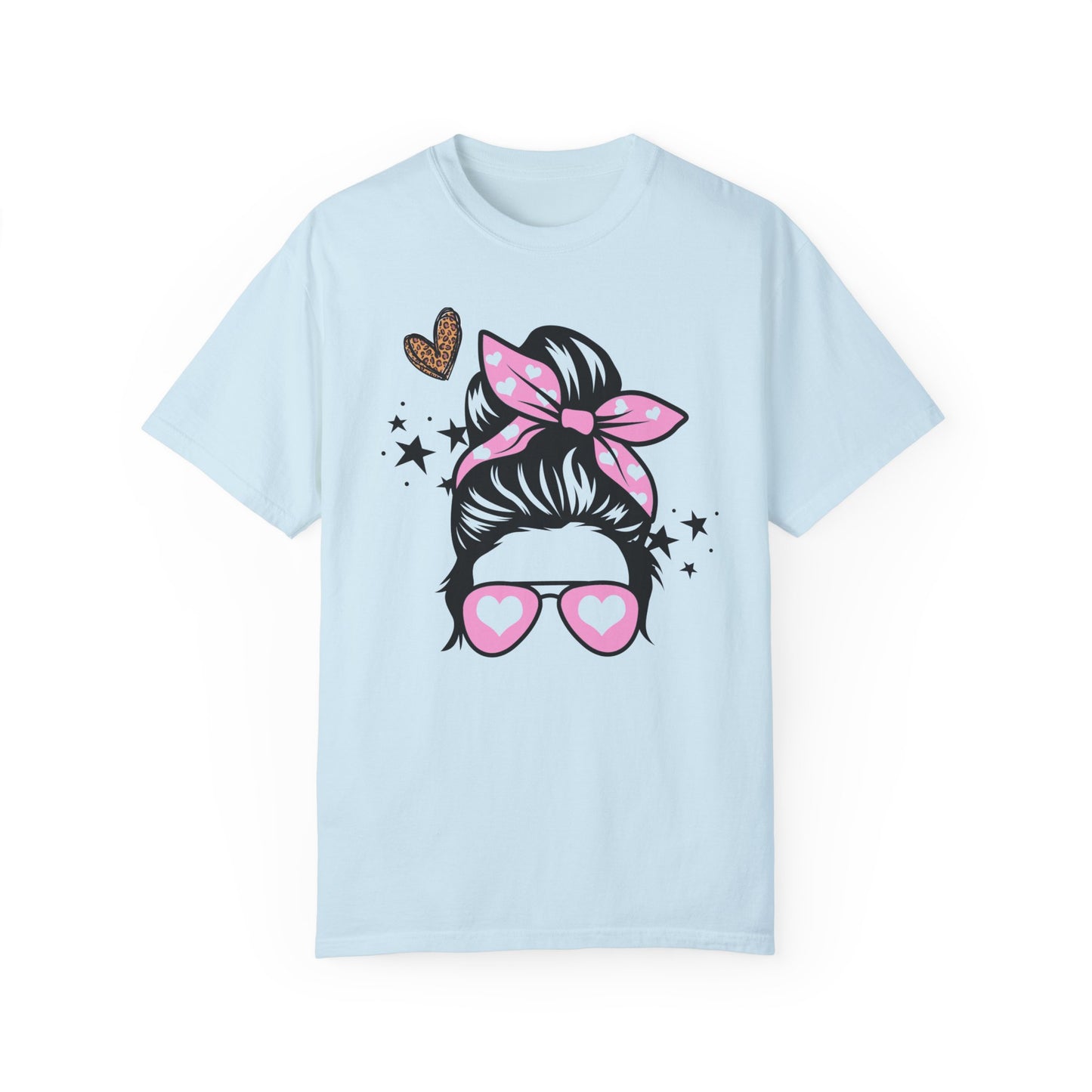 Girl With Bun Valentine's T-Shirt Messy Hair Don't Care Girl with Sunglasses Hearts Leopard Print Valentine's Day Gift Best Friend Gift Shirt