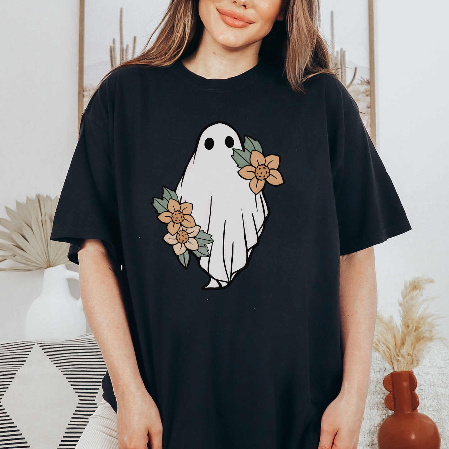 Ghost Halloween Shirt, Flower Floral Print, Retro Vintage Shirt for Women, Friendly Pretty Halloween Shirt, Halloween Teacher Nurse Gift