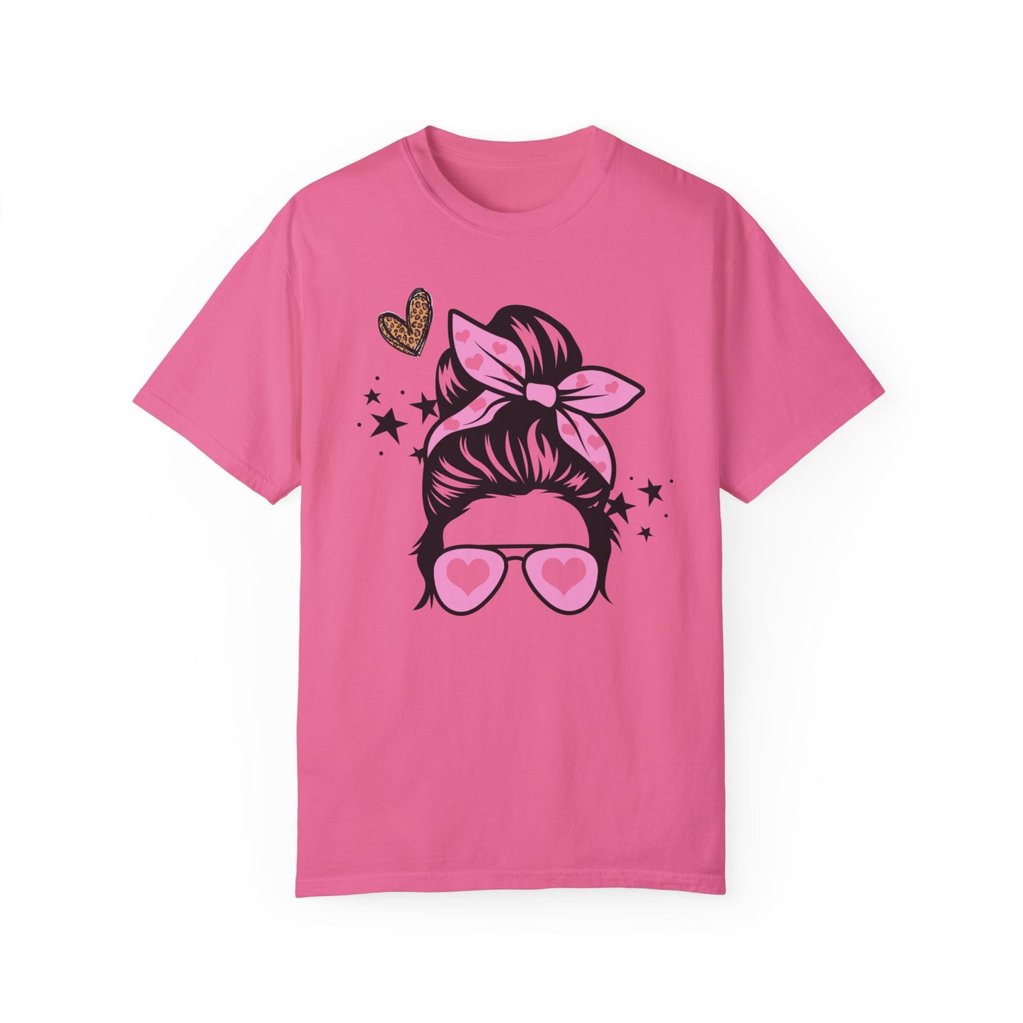 Girl With Bun Valentine's T-Shirt Messy Hair Don't Care Girl with Sunglasses Hearts Leopard Print Valentine's Day Gift Best Friend Gift Shirt