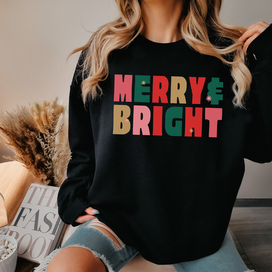 Merry and Bright Christmas Sweatshirt, Trendy Women Christmas Holiday Sweatshirt, Teacher Christmas Shirt, Christmas Lights Sweatshirt