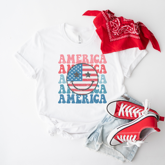 America Red White and Blue Shirt, USA Flag Shirt, 4th of July T-Shirt, Freedom Shirt, Smiley Face America Tee, Trendy Summer Shirt for Women