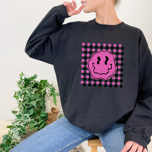 Retro Checkered Smiley Face Sweatshirt, Oversize Sweat Shirt, Preppy VSCO Sweatshirt for Teens, Gift for Teens, Trendy Oversize Sweatshirt