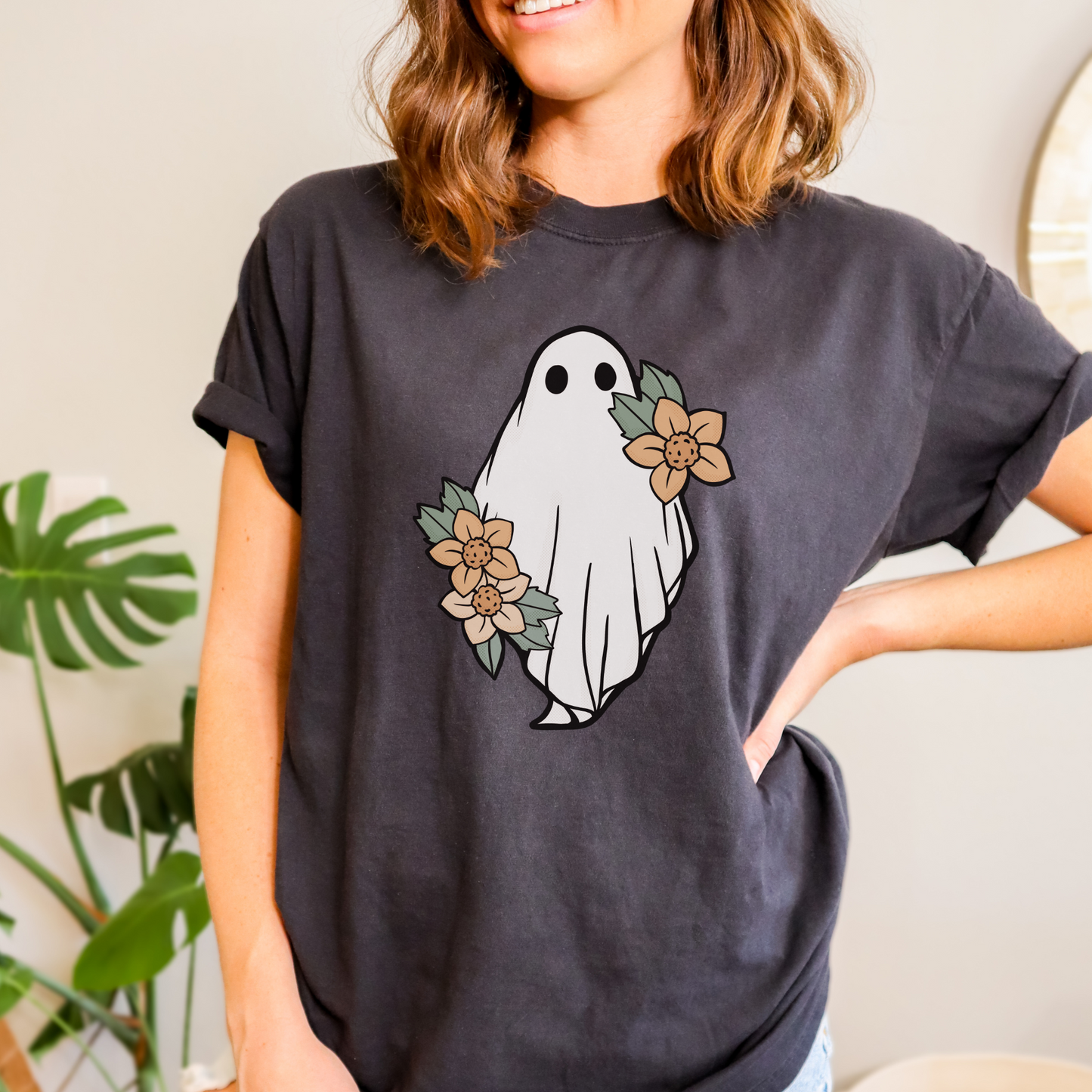 Ghost Halloween Shirt, Flower Floral Print, Retro Vintage Shirt for Women, Friendly Pretty Halloween Shirt, Halloween Teacher Nurse Gift