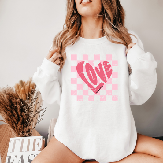 Pink and Red Heart Love Sweatshirt Hoodie Checkered Retro Distressed Shirt Valentine Day Gift for Her Best Friend Daughter Teen Girl Teacher