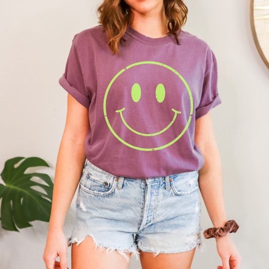 Distressed Neon Smiley Face Tee, Be Happy Shirt, Large Smiley Face Shirt, Trendy Retro Shirt for Women or Men, Gift for Women, Gift for Teen