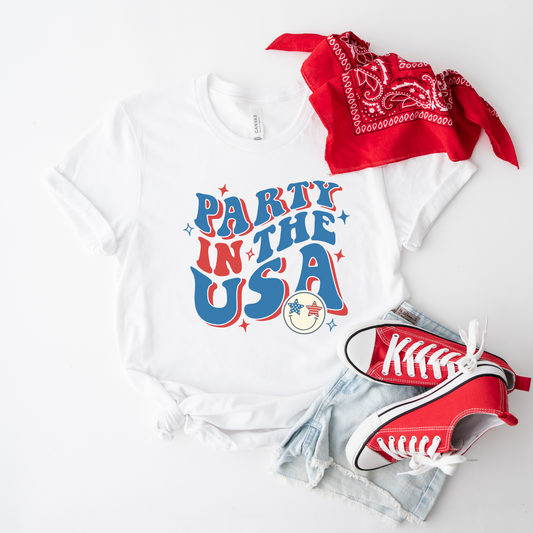 Party in the USA Unisex T-Shirt, Let's Party T-Shirt, Patriotic Freedom Shirt, USA Flag Shirt, Fun in the Sun Unisex T-Shirt