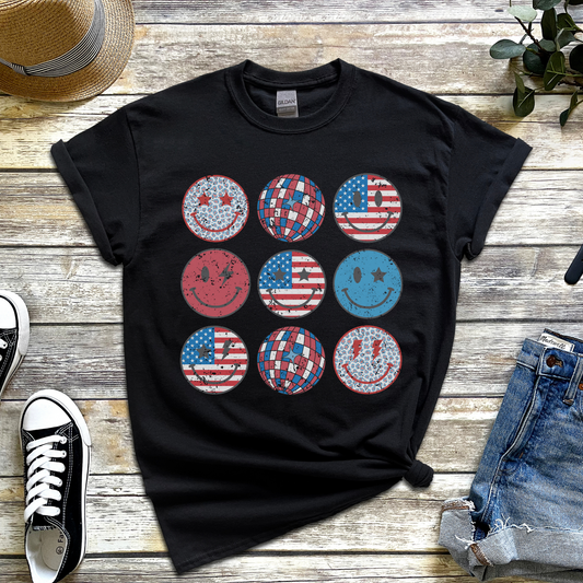 Patriotic Disco Smiley Face Shirt, Party in the USA Shirt, 4th of July Shirt for Women, American Smiles Shirt, Women Stars and Smiles Shirt